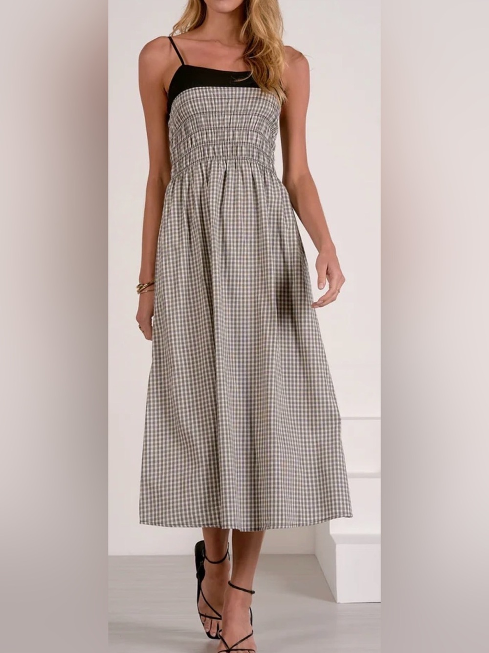 Elan Sailor Dress Gingham A-Line Maxi Skirt in Gray and White